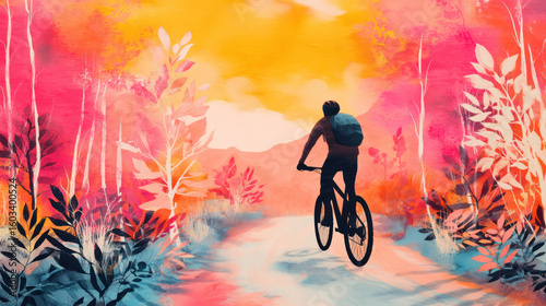 A lone cyclist rides through a colorful, surreal landscape with vibrant pink, orange, and blue hues, surrounded by stylized trees and foliage.