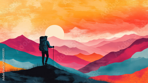 A lone backpacker stands on a hill, gazing at a vibrant sunset over layered, colorful mountains.