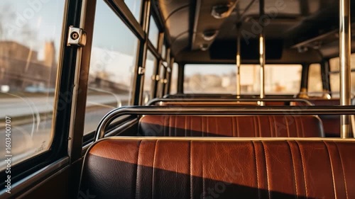 Vintage Bus Interior: Brown Leather Seats and Glimpses of Cityscape Passing By