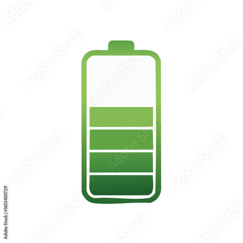 Green battery icon showing charging progress, power symbol with sections filled in gradient color, energy indicator