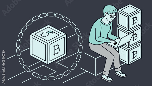 Man with Laptop Sits on Bitcoin Blocks Connected by Blockchain.