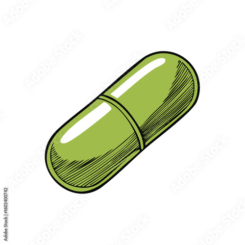 Green Pill Capsule: Hand Drawn Sketch of Medicine, Vitamins, or Nutritional Supplements