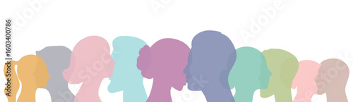Group of diverse silhouette multinational people profile view. Relationship communication interaction banner