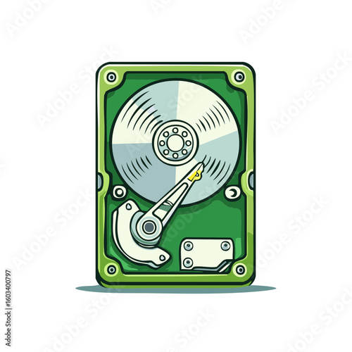 Stylized Hard Disk Drive Illustration with Green Casing and Actuator Arm