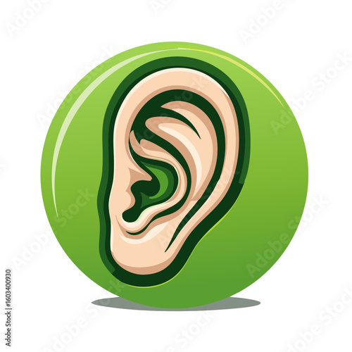Human ear on green sphere graphic depiction of listening hearing sense organ and healthcare concept for deafness audiology or acoustics