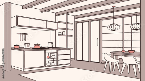 Minimalist Modern Kitchen and Dining Area Design Illustration.