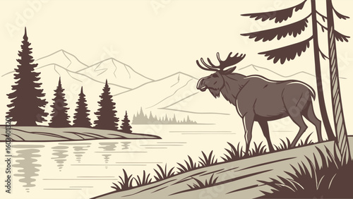 Moose in a Forest Landscape Illustration with Mountains and Lake.
