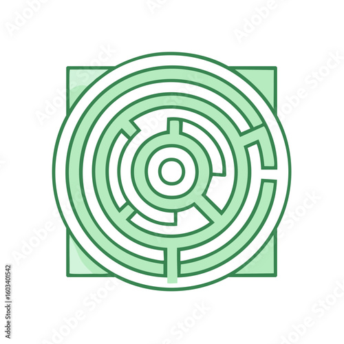 Illustration of a circular maze with green lines for games and puzzles for challenging the mind and solving the problem