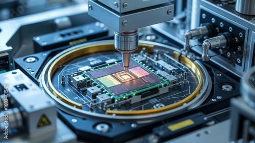 Close-up of a robotic probe testing a computer microprocessor chip