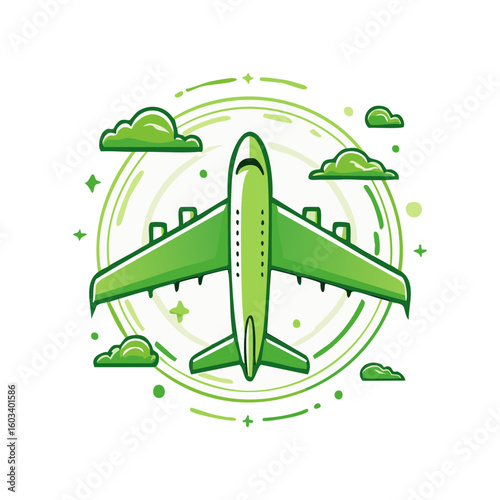 Green airplane soaring surrounded by clouds in a cartoon-style illustration representing flight and travel