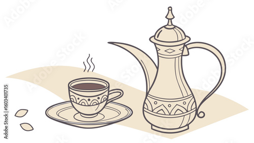 Ornate Coffee Pot and Steaming Cup of Coffee.