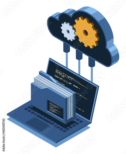 Isometric cloud storage concept with laptop. Cloud technology with folder and laptop. Isometric computer file transfer. Isometric technology