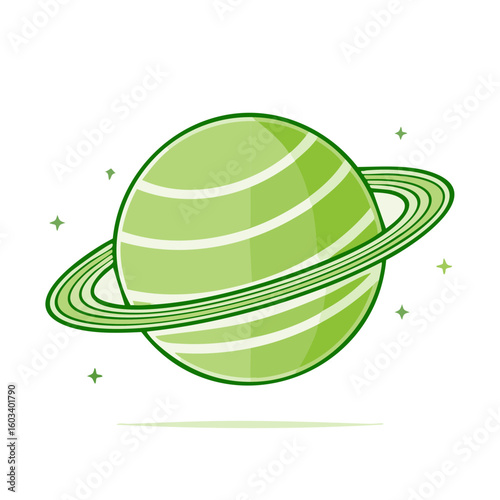 Cartoon planet with rings and stars in green shades a celestial body with graphic style