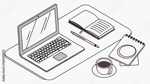 Outlined Laptop Notebook and Coffee Cup on a Desk.