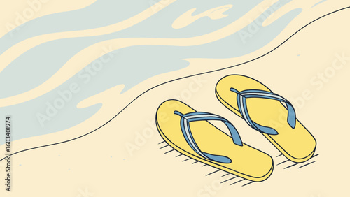 Pair of Yellow FlipFlops on Sandy Beach Near Ocean.