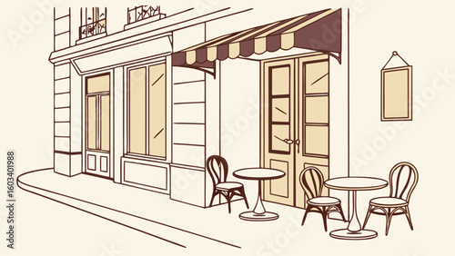 Parisian Cafe Exterior with Striped Awning and Outdoor Seating.