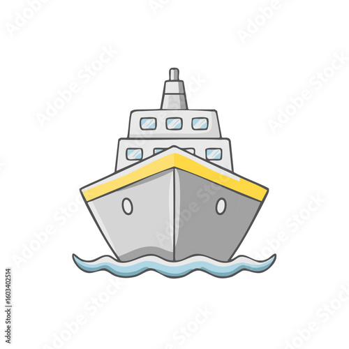 Front view of a stylized cruise ship sailing on water waves, nautical vessel on a voyage, maritime transportation icon