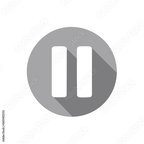 Pause Button Icon, Gray Circle, Rectangular Shapes, Long Shadow, Vector Illustration