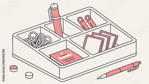 Pink Desk Organizer with Pens Paperclips and Notes.