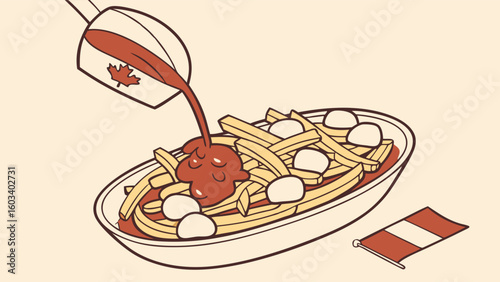 Poutine Dish with Cheese Curds and Gravy Being Poured.
