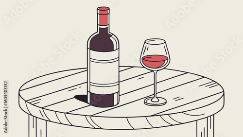 Red Wine Bottle and Glass on Wooden Tabletop.