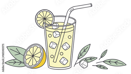 Refreshing Iced Lemonade with Lemon Slices and Leaves.
