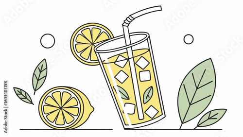 Refreshing Lemon Iced Tea in a Glass with Straw.
