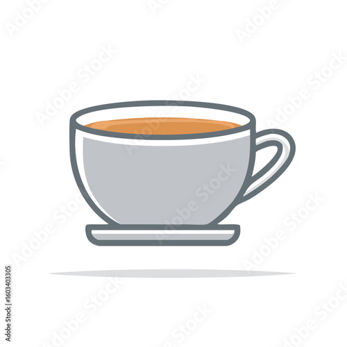Stylized illustration of a grey coffee cup with a warm drink on a matching saucer