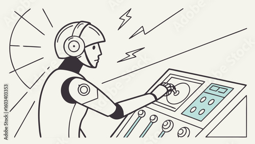 Robot DJ Mixing Music with Futuristic Equipment.