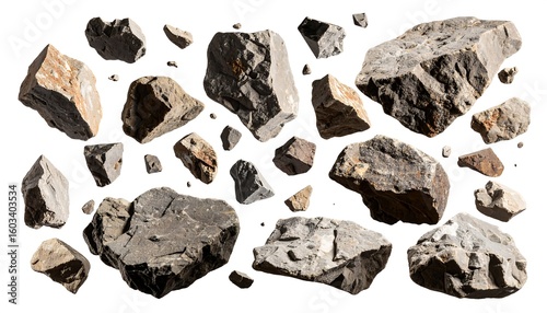 Assorted rock fragments on white background