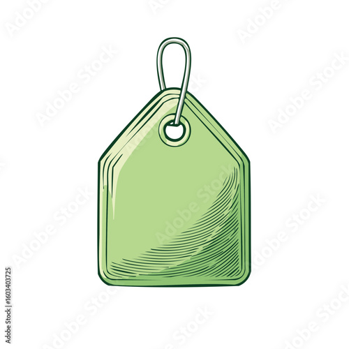 Isolated light green tag with metal loop, blank label for price or sale in drawing style, promotion