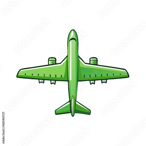Illustration of green airplane flying, commercial aircraft in the sky