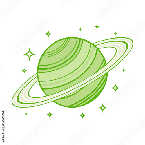 Illustration of a green planet with rings and stars with a cartoon style appearance.