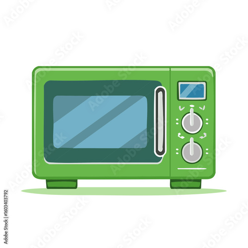 Green Microwave Oven Appliance Illustration with Knobs and Blue Screen