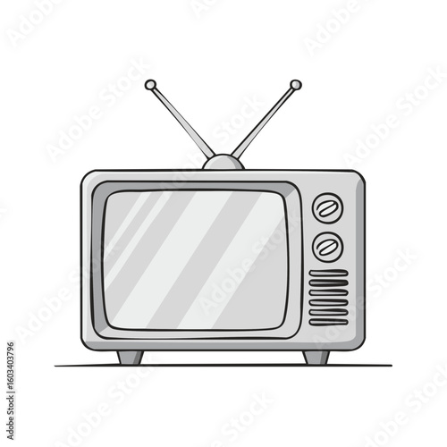 A classic television set in grayscale, antennas up, with retro knobs and dials ready for a nostalgic broadcast era experience.