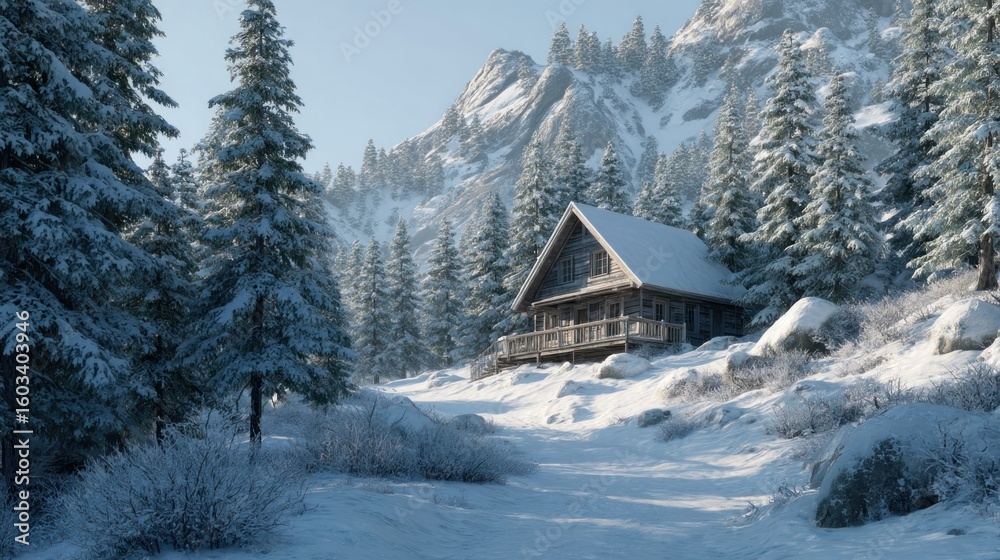 Fototapeta premium Enchanting Cabin Retreat Amidst Snow-Covered Mountains and Towering Pines