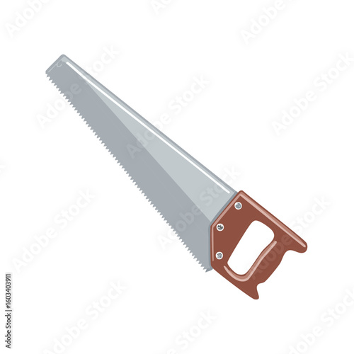 Hand saw with brown wooden handle and silver blade for cutting wood with sharp teeth edge