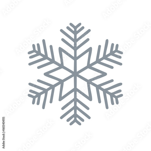 Simple gray snowflake with intricate symmetrical detail, winter decoration for festive occasions and background element