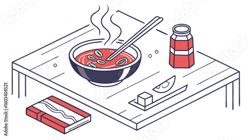 Steaming Bowl of Soup with Chopsticks on Tabletop.