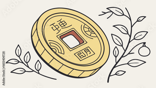 Stylized Chinese Coin with Decorative Foliage Elements.