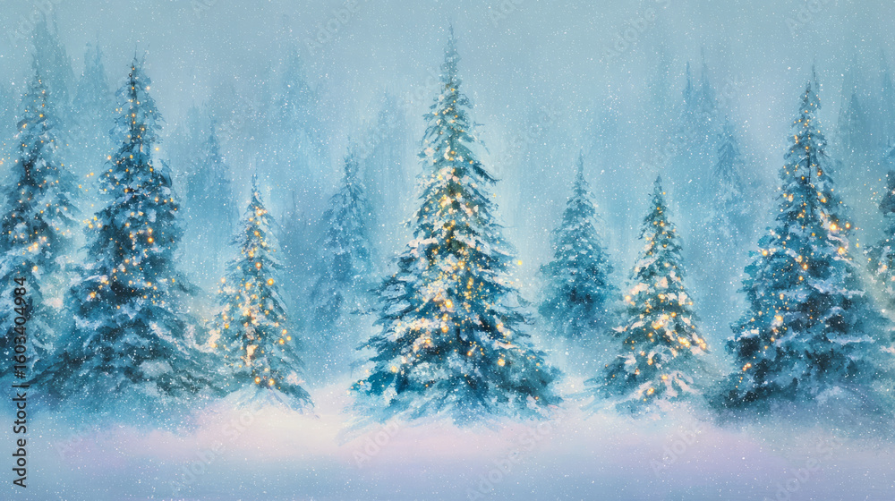 Obraz premium Magical forest snowy Christmas trees and glowing lights Christmas card style watercolor abstract artistic winter wonderland nature snow woodland holiday background backdrop wallpaper with copy space