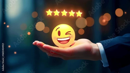A business professional holds a glowing smiley face emoji symbolizing customer satisfaction and reviews