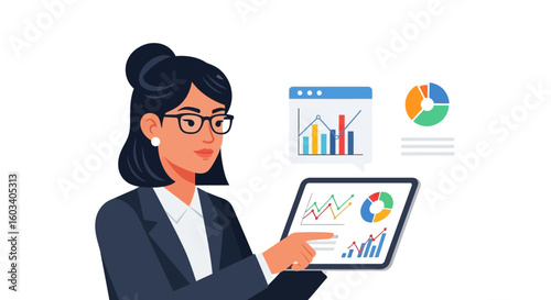 Businesswoman with glasses and hair bun analyzing financial data charts on a digital tablet.