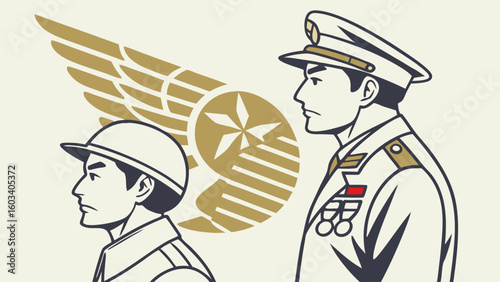 Stylized Illustration of Military Personnel with Winged Emblem.