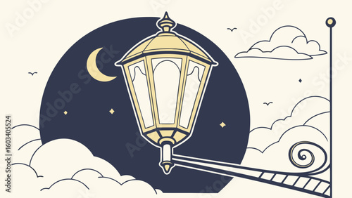 Stylized Night Scene with Lamp Moon and Clouds Illustration.