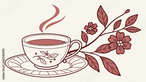 Stylized Tea Cup with Steam and Floral Branch Illustration.