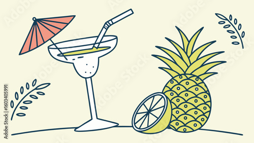 Summer Cocktail with Pineapple and Lime Garnish.