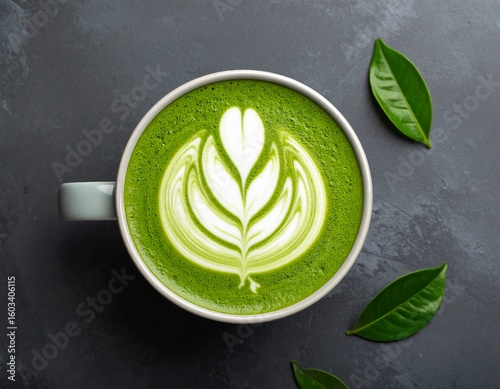 Exquisite Matcha Latte with Intricate Rosetta Art TopDown on a Dark Slate Surface.