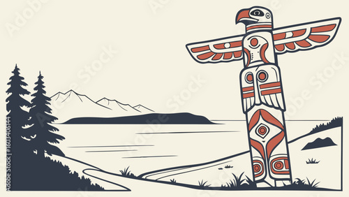 Totem Pole Against a Coastal Landscape Illustration.