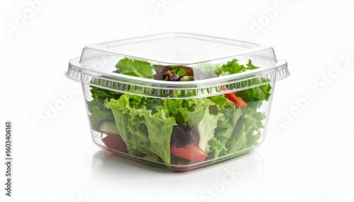 Fresh Salad in Clear Plastic Container on White Background.